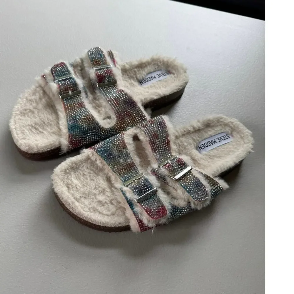 Steve Madden Girls JLEENA Tie Dye Rhinestone Faux Fur Slide Sandals - Size 4